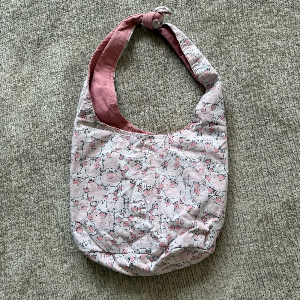 Handmade Pig Print Hobo Bag Pink Cotton Shoulder Bag Cottagecore‎